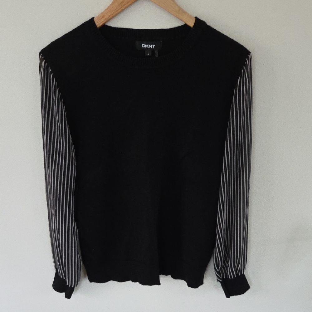 DKNY Black Sweater with Striped Sleeves